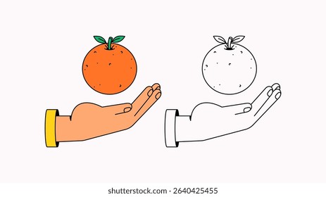 Two hands holding oranges, one in full color and the other in outline style, showing a comparison in artistic styles cartoon hand drawn vector