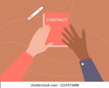 Two hands are holding paper. Conclusion of the contract, business partners. Vector illustration on brown wood background.