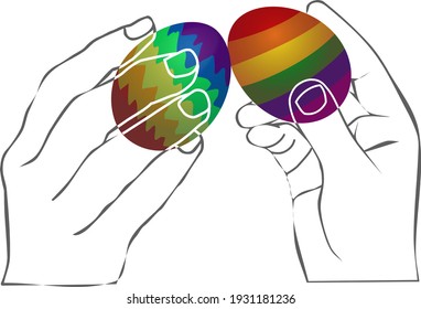 Two hands holding pascha eggs colored in rainbow lgbt colors on white background