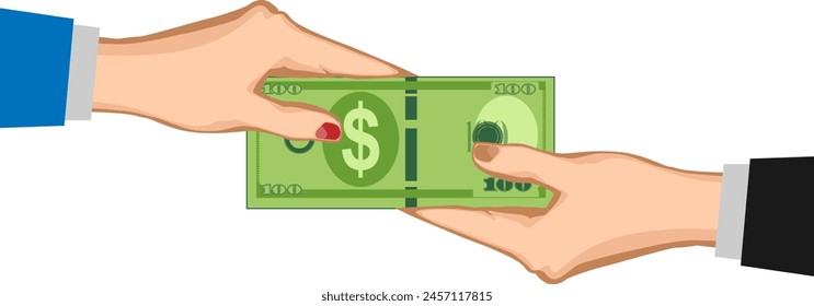 two hands holding of two  people one hundred dollar bills illustration