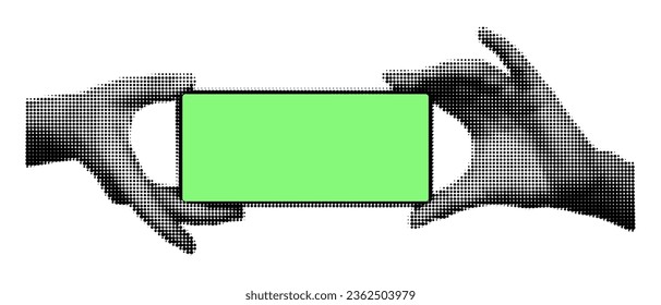 Two hands holding phone with blank screen horizontally. Halftone hand gesture, mock up smartphone template for presentation, sale. Vector illustration isolated on transparent background