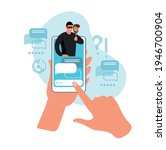 Two hands are holding a phone with a chat with a scam on the smartphone screen. Concept of cybercrime, fraud and blackmail, online crimes on the internet, social networks, dating apps. Vector flat