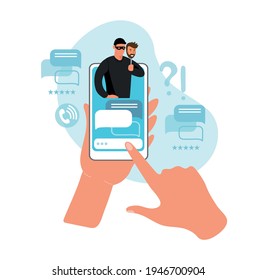 Two Hands Are Holding A Phone With A Chat With A Scam On The Smartphone Screen. Concept Of Cybercrime, Fraud And Blackmail, Online Crimes On The Internet, Social Networks, Dating Apps. Vector Flat