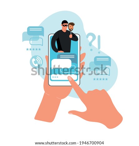 Two hands are holding a phone with a chat with a scam on the smartphone screen. Concept of cybercrime, fraud and blackmail, online crimes on the internet, social networks, dating apps. Vector flat
