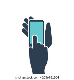 Two hands holding phone. Empty screen mock. Social network communication on mobile app. Application on touch screen mobile. Vector flat cartoon design