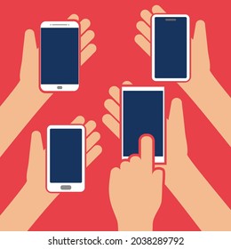 Two hands holding phone. Empty screen mock. Social network communication on mobile app. Application on touch screen mobile. Vector flat cartoon design