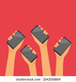 Two hands holding phone. Empty screen mock. Social network communication on mobile app. Application on touch screen mobile. Vector flat cartoon design