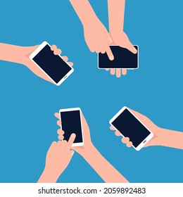 Two hands holding phone. Empty screen mock. Social network communication on mobile app. Application on touch screen mobile. Vector flat cartoon design