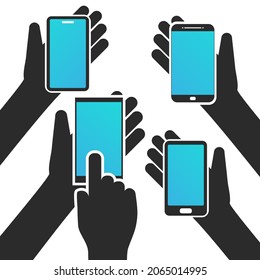 Two hands holding phone. Empty screen mock. Social network communication on mobile app. Application on touch screen mobile. Vector flat cartoon design