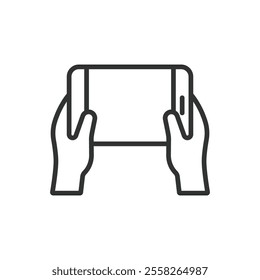 Two hands holding phone, icon in line design. Hands, phone, holding, smartphone, device, touch, mobile on white background vector. Two hands holding phone editable stroke icon