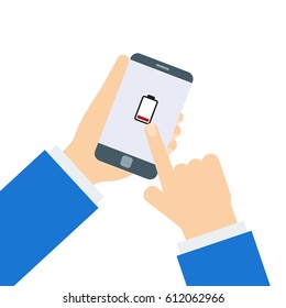 Two hands holding phone with low battery. Battery running out of charge image