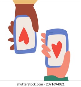 Two hands holding phone with message, love, contact, reciprocity . Social networking concept. Flat illustration for web sites and banners design