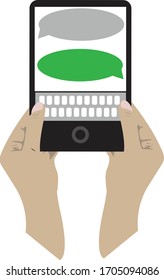 dos manos sosteniendo una tableta telefónica con mensajes de texto en la pantalla