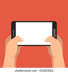 Two hands holding phone and touching screen. Flat vector illustration.