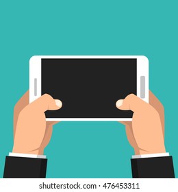 Two hands holding phone and touching screen. Flat vector illustration.