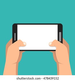 Zwei Hände halten Telefon und Touchscreen. Flache Vektorgrafik.