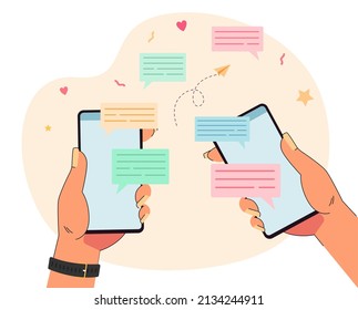 Two hands holding phones with messages in speech bubbles. People chatting through mobile app flat vector illustration. Communication, network, social media concept for banner or landing web page