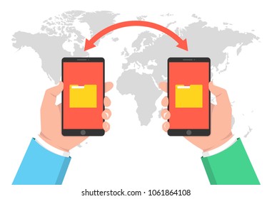Two hands holding phones and transferred documents. File transfer concept. Vector illustration.