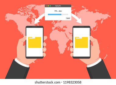 Two hands holding phones and transferred documents. File transfer concept. Vector illustration.