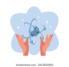 Two hands holding physical particle of an atom. Nuclear and electron. Chemistry or physics research. Movement on orbit. Education symbol. Cartoon flat vector atomic technology concept