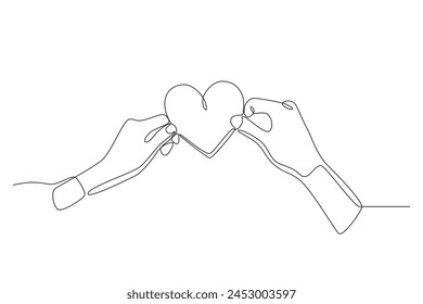 Two hands holding a picture of love. Love concept one-line drawing