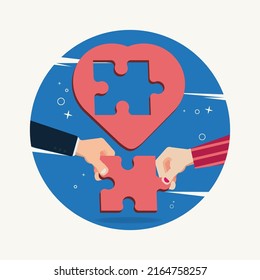 Two hands holding pieces puzzle of heart shape design vector illustration