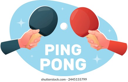 Two hands holding ping pong rackets, a game of table tennis