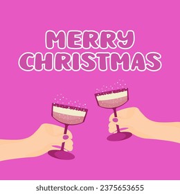 two hands holding Pink champagne glasses on pink background. Christmas card. Vector illustration.