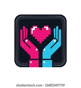 Two hands holding a pixelated heart. A graphic design concept.