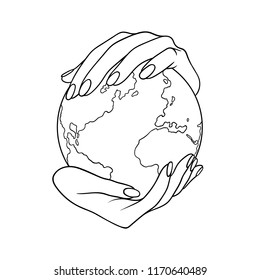 Two hands holding the planet  Earth. Lineart  vector illustration without backgrond. Can be used like a poster, symbol or icon for Earth day or Peace day or others. 