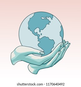 Two hands holding the planet  Earth. Flat cartoon vector illustration on a pinkbackground. Can be used like a poster, symbol or icon for Earth day or Peace day or others.