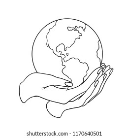 Two hands holding the planet  Earth. Lineart  vector illustration without backgrond. Can be used like a poster, symbol or icon for Earth day or Peace day or others. 