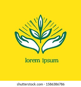 Two hands holding plant and care about it, vector logo concept