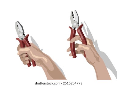 Duas mãos segurando alicate com alça vermelha no fundo branco.