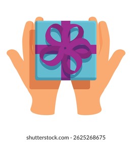 Two hands holding a present box wrapped with purple ribbon