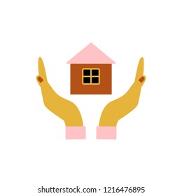 two hands holding or protecting the house; vector icon, graphic symbol isolated on white. EPS10