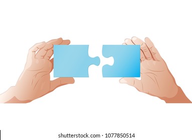 Two hands holding puzzle, background is white