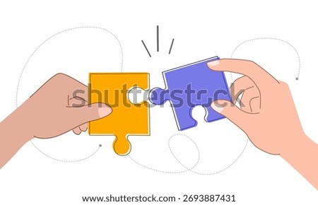 Two hands holding puzzle pieces show concept of teamwork, brainstorm, partnership, cooperation in flat design