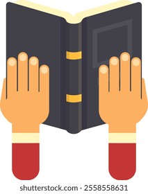 Two hands holding and reading a large open book with a dark cover and golden details on the spine, conveying the concept of studying and enjoying literature