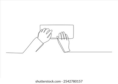 Duas mãos segurando um objeto retangular, representado em um estilo de arte de linha minimalista.