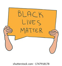 two hands holding rectangular speech bubble board black lives matter sentence vector illustration