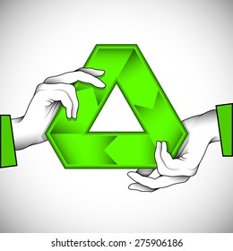 Two hands holding a "recycle symbol" can be used as an illustration of eco help or as part of other creative design. Editable vector with several layers. Eps 10