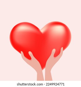 Two hands holding a red 3-d heart.The concept of love, support, congratulations.Vector illustration.