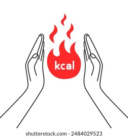 two hands holding red flame for burning calories. simple graphic linear design element for online web and medical website. quick and easy weight loss under supervision of professional nutritionist