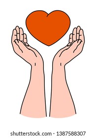Two hands holding red heart shape as symbol of giving love emotion and romance for Valentine Card