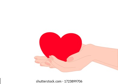 Two hands holding a red heart on a white background. Holiday, Encourage, love, help, charity, empathy, health concept. Illustration vector.