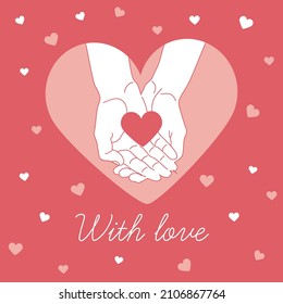 Two hands holding a red heart on red background. Valentine's Day, Women's Day birthday holiday concept. February 14. Charity symbol and Support. Wedding concept. Isolated vector illustration flat.