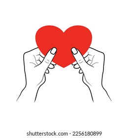 Two hands holding red heart together. Health care. Help. Charity. Donation. Love and family concept. Editable vector illustration.