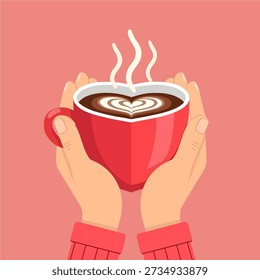 Two hands holding a red heart-shaped cup of coffee with heart latte art.
