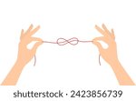 Two hands holding a red thread tied into a knot in the shape of an infinity sign, isolated on a white background. Flat vector illustration